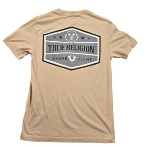 True‎ Religion Brand Jeans Shirt Mens Small Tan Buddha Back Logo Graphic Tee